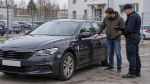 Odzyskane auto po kradzieży – właściciel i policjant oglądają uszkodzony samochód na parkingu policyjnym.