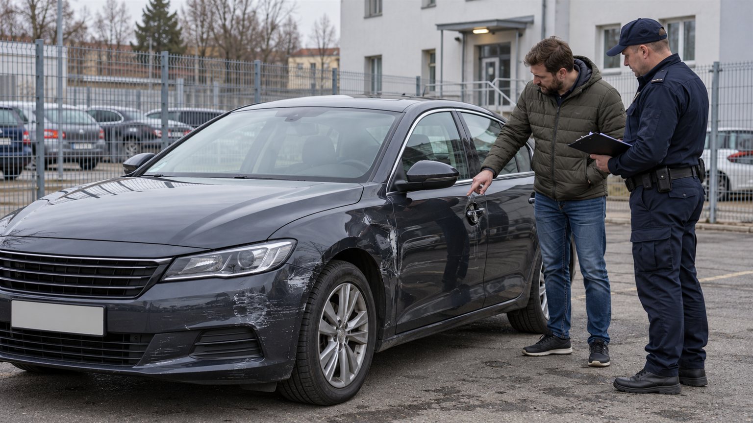 Odzyskane auto po kradzieży – właściciel i policjant oglądają uszkodzony samochód na parkingu policyjnym.