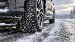 Opony wielosezonowe zimą na zaśnieżonej drodze
