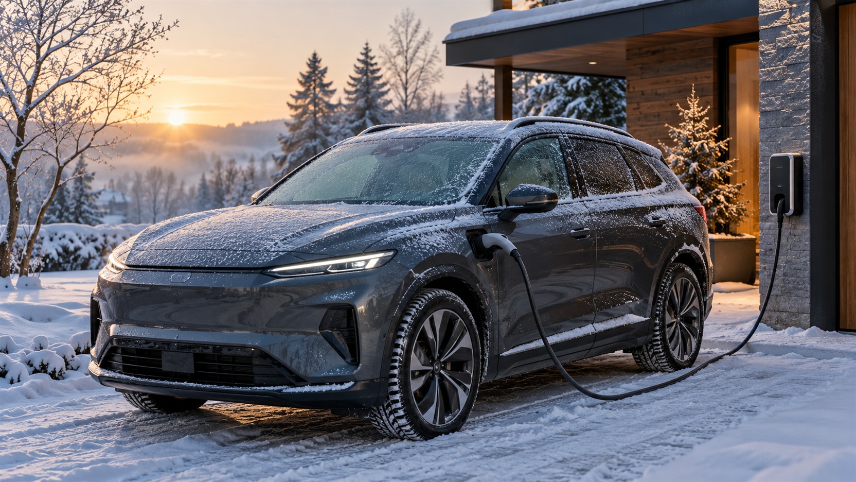 Samochód elektryczny podłączony do ładowarki podczas mroźnego zimowego poranka.