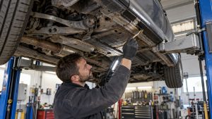 Mechanik wykonujący zabezpieczenie antykorozyjne podwozia samochodu w warsztacie