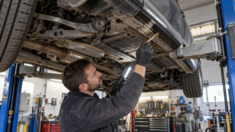 Mechanik wykonujący zabezpieczenie antykorozyjne podwozia samochodu w warsztacie